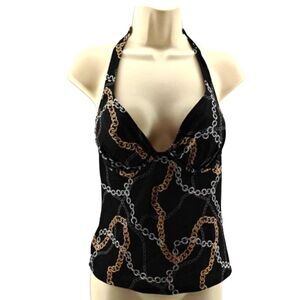 Victoria's Secret Black Silver Gold Chain Print Pushup Halter Tankini Sz 36B